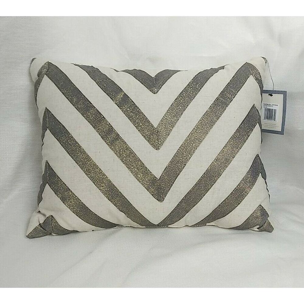 Ayesha Chevron Ribbon Pillow - Natural With Dark Silver Ribbons